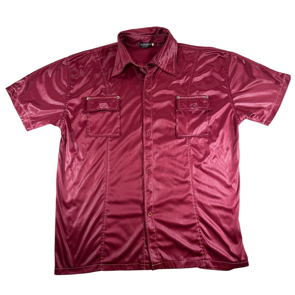 Sean John Vintage Y2K Liquid Satin Button Up Shirt Burgundy Shiny Mens XL